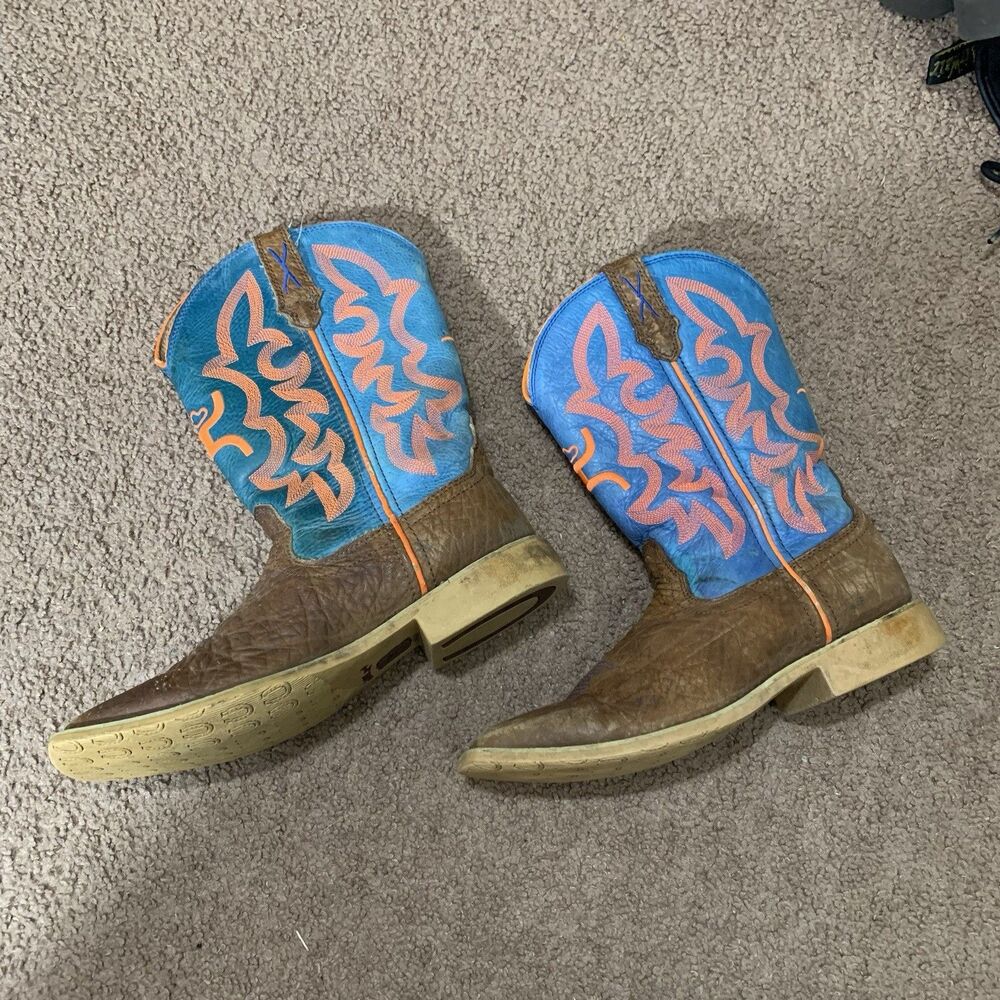 Twisted X YHY0001 Brown Blue Leather Neon Stitching Cowboy Boot Youth Size 4M